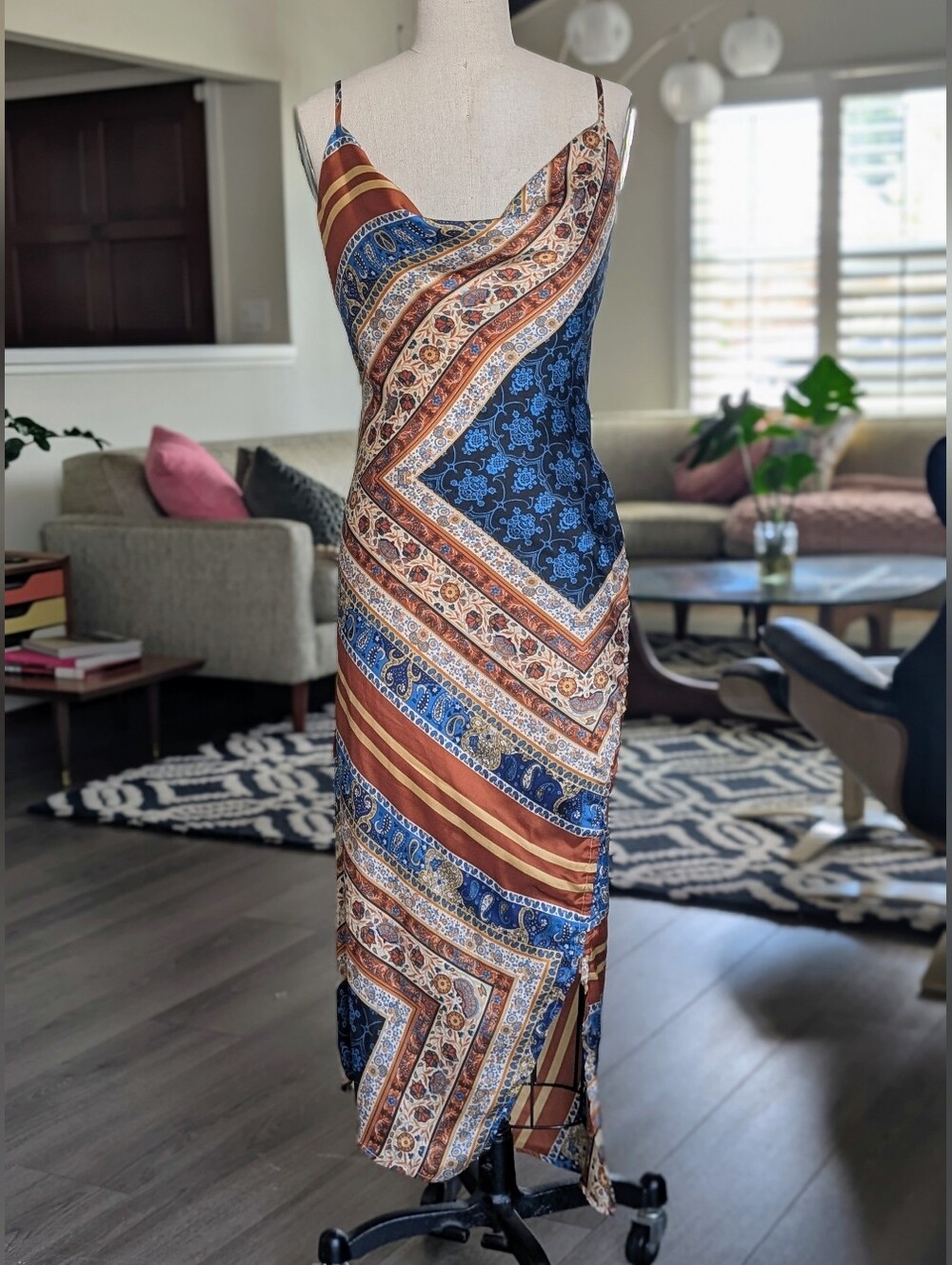 12th Tribe Boho Blue & Caramel Scarf Print Cowl Neck Midi Slip Dress Sz S - Y2K